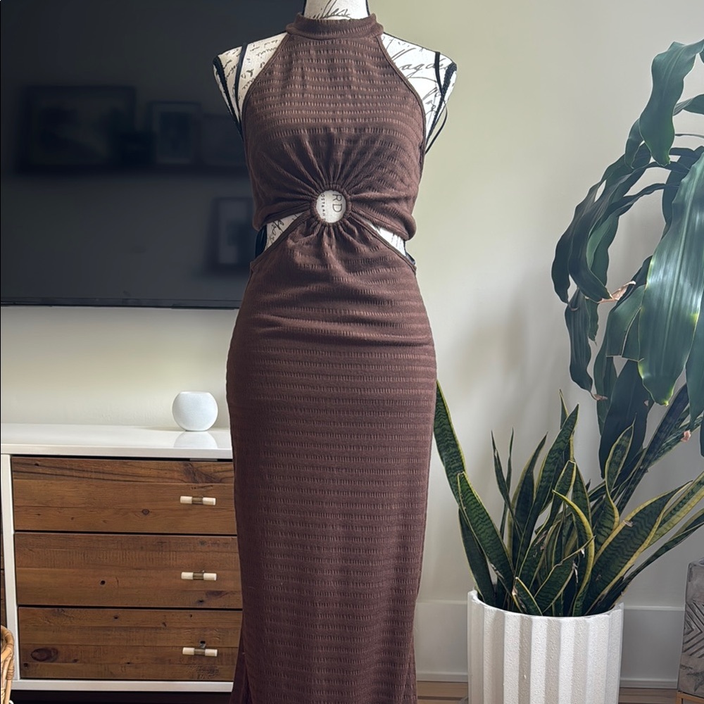 Brown Ribbed Tie Front Bodycon Dress for Night Out